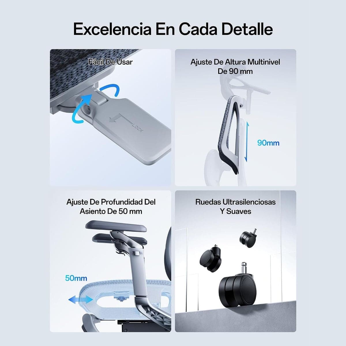 Ajustes de altura, profundidad del asiento y ruedas silenciosas, versión gris