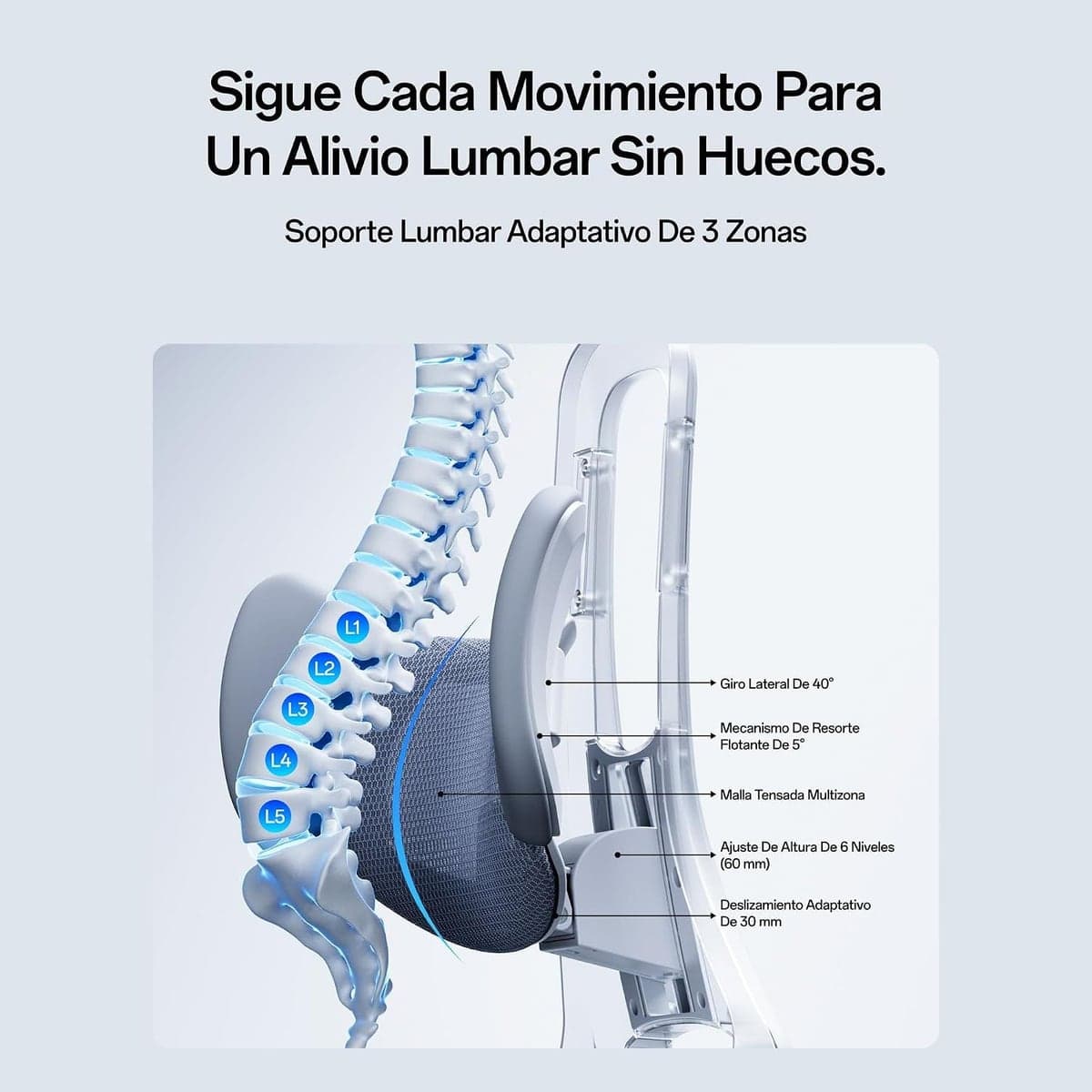 Soporte lumbar de 3 zonas acompañando la columna, versión gris