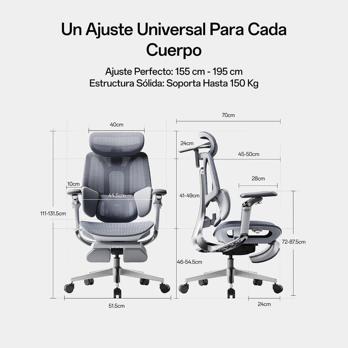 Medidas de la silla gris: altura 111–131,5 cm, carga hasta 150 kg