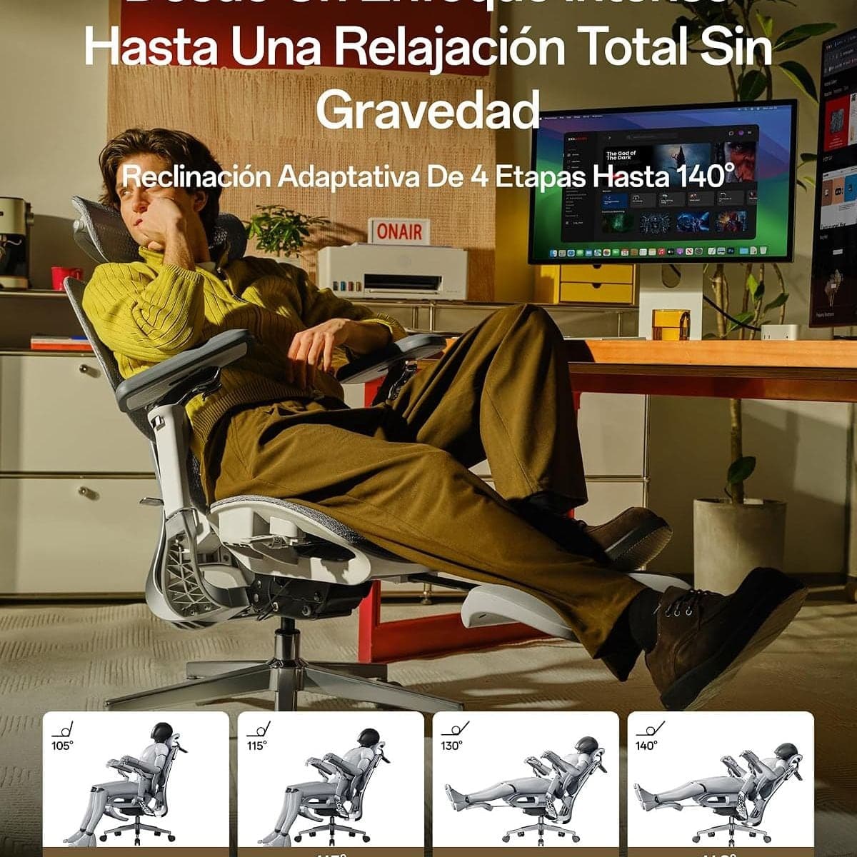 Usuaria reclinada a 140° en la silla gris