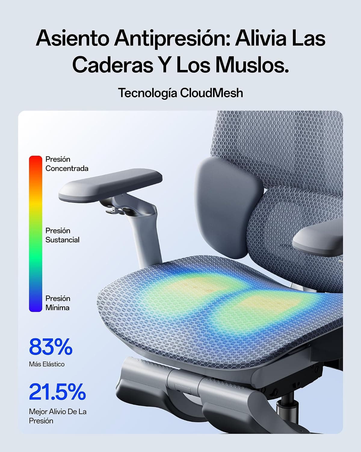 Mapa de presión sobre el asiento CloudMesh de la silla gris